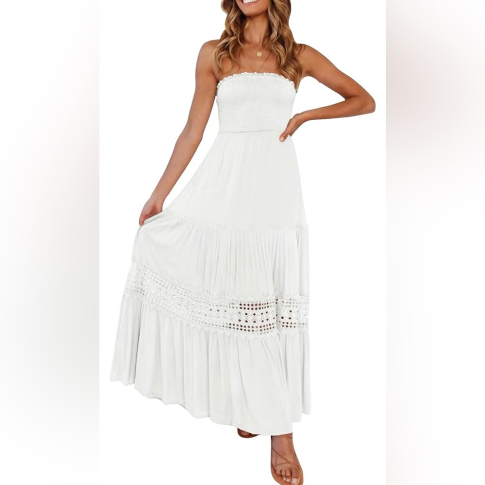 Bohemian Strapless Off Shoulder Lace Trim Backless Flowy Beach Maxi Dress